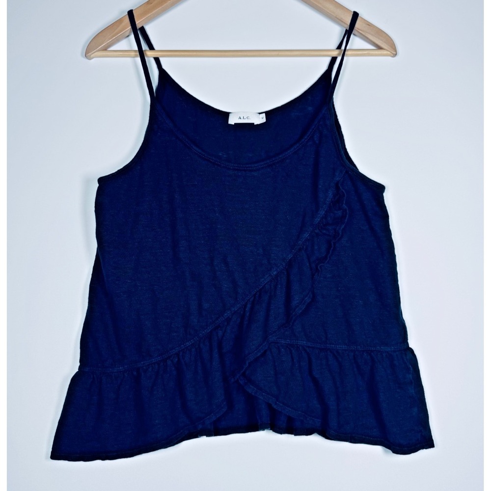 ALC‎ Linen Tank Top Womens Medium Blue Ruffle Hem Sleeveless Casual Lightweight